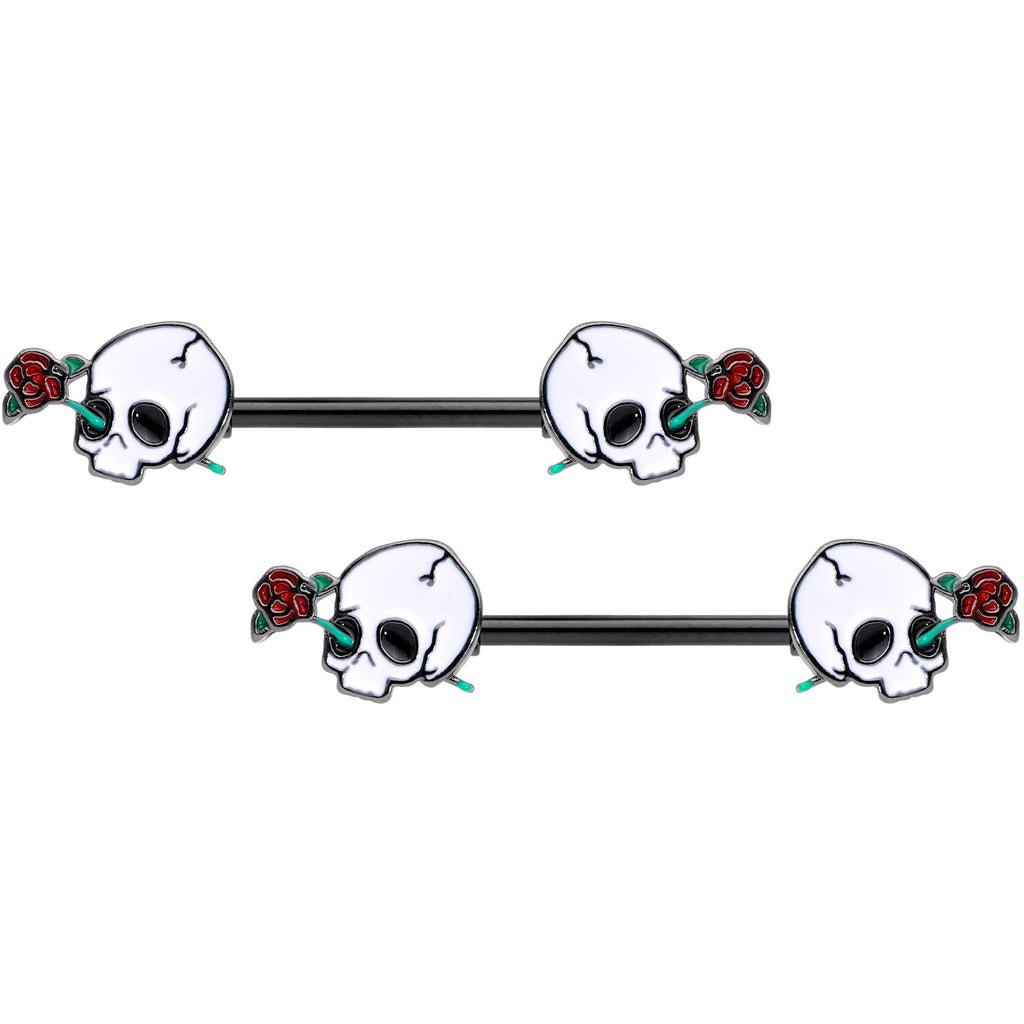 14G 9/16 Black PVD Rose Scary Skull Halloween Nipple Ring Set