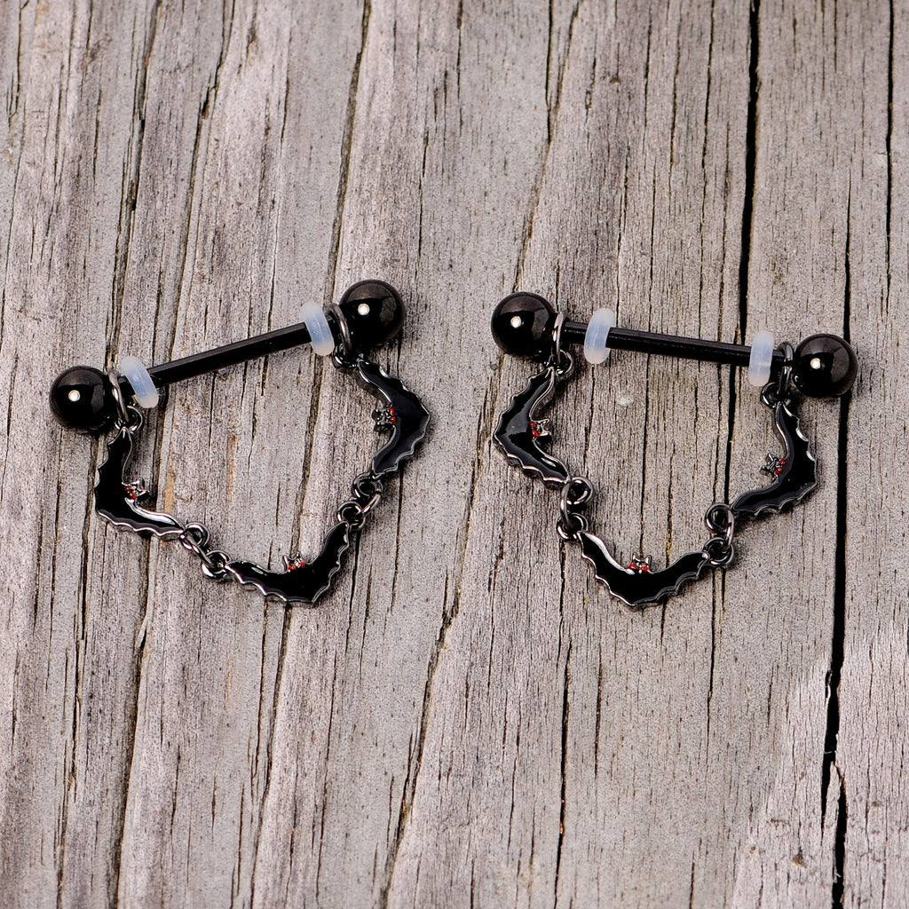 14G 9/16 Black Vampire Bat Halloween Dangle Nipple Ring Set