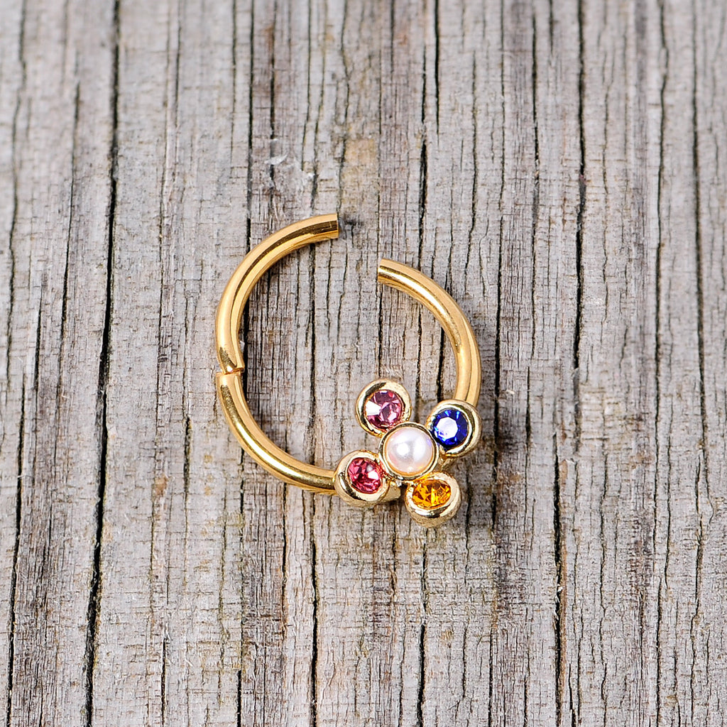 16G 3/8 Pink Blue Gem Gold Tone Hinged Segment Ring