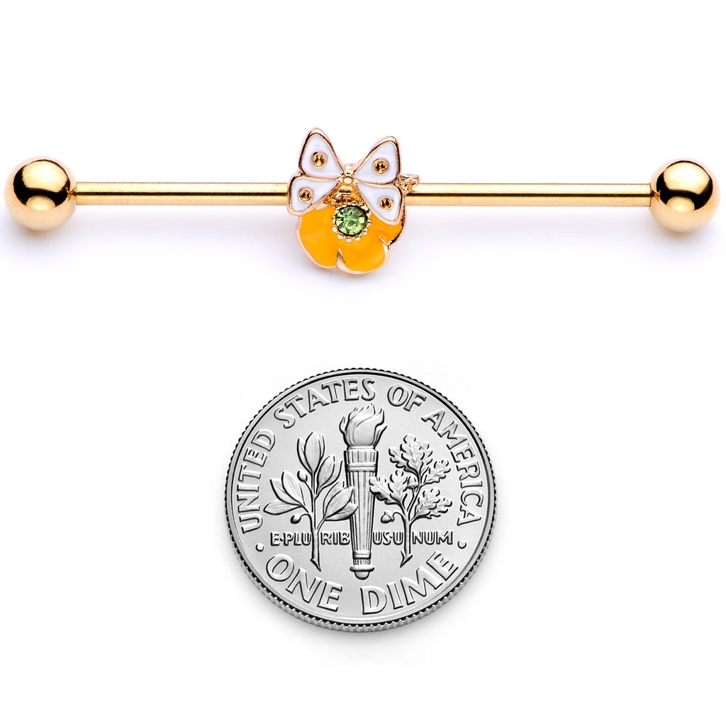 14G Green Gem Gold Tone Butterfly Flower Industrial Barbell 38mm