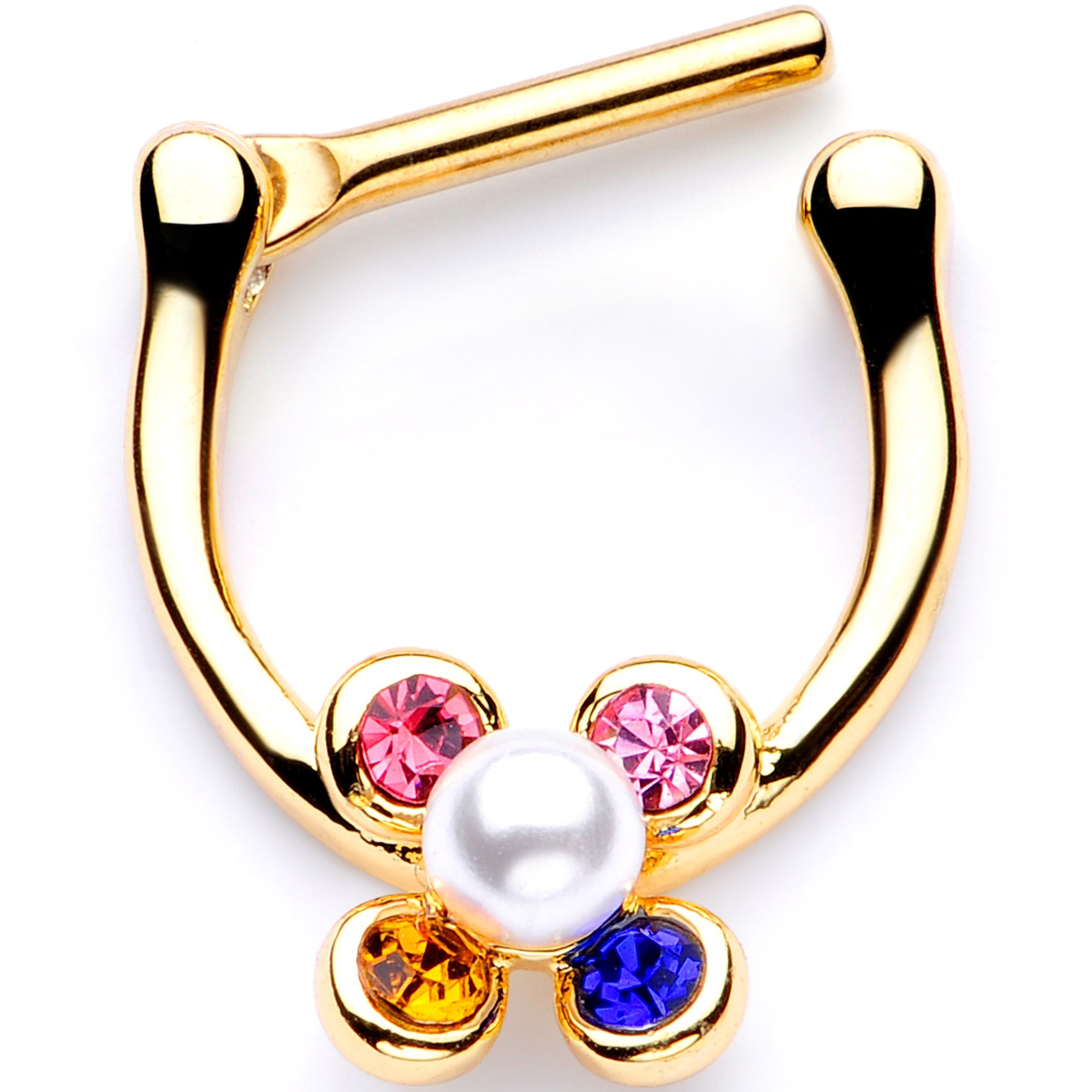 16G 1/4 Pink Blue Gem Gold Tone Cartilage Clicker