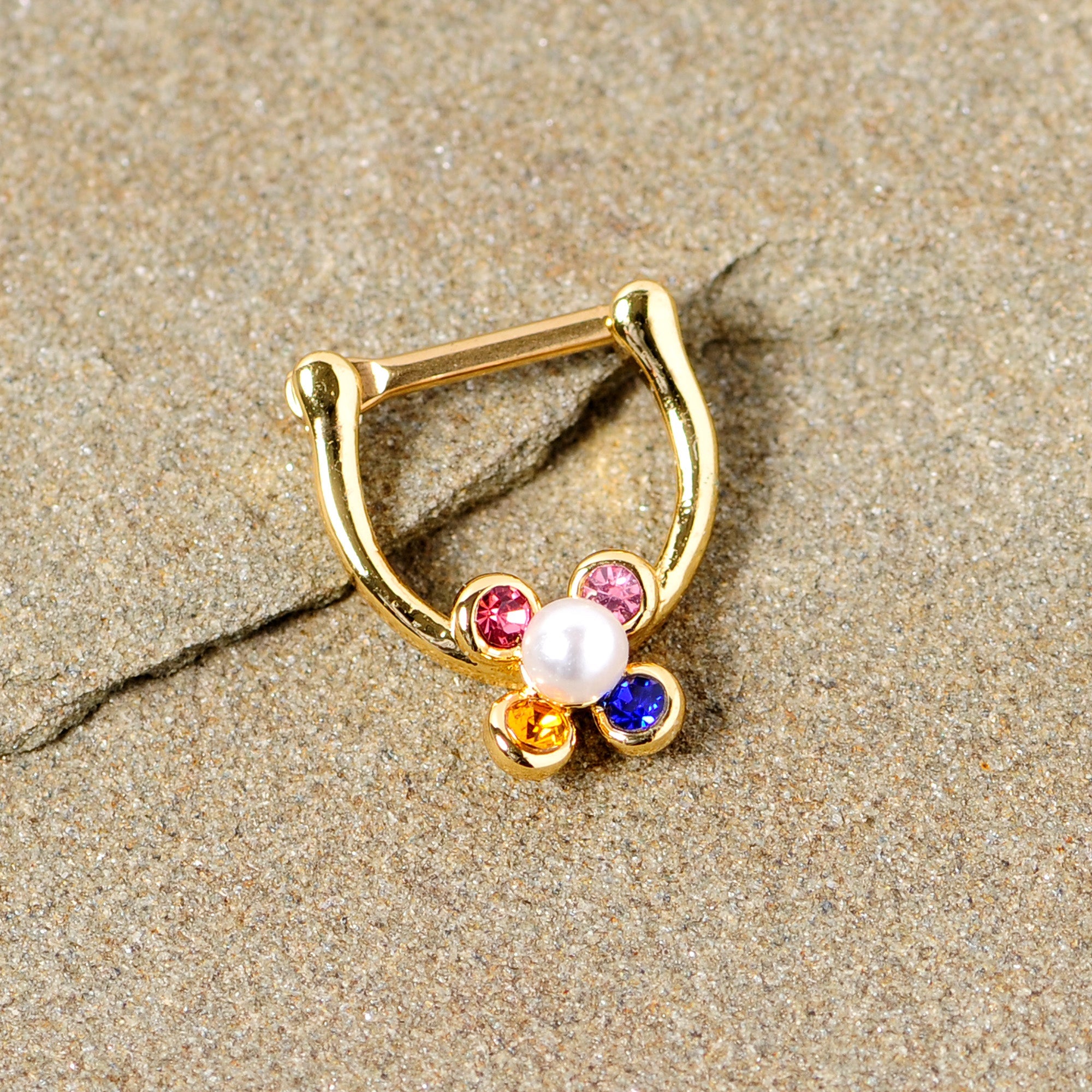 16G 1/4 Pink Blue Gem Gold Tone Cartilage Clicker