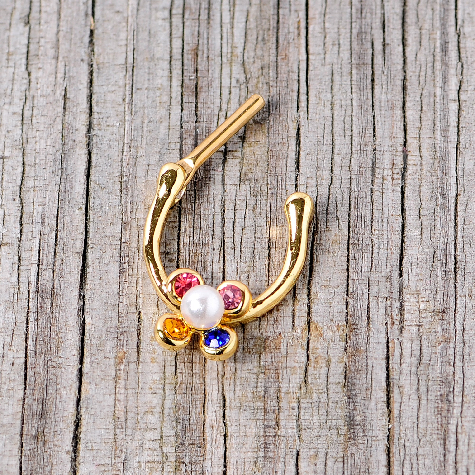 16G 1/4 Pink Blue Gem Gold Tone Cartilage Clicker
