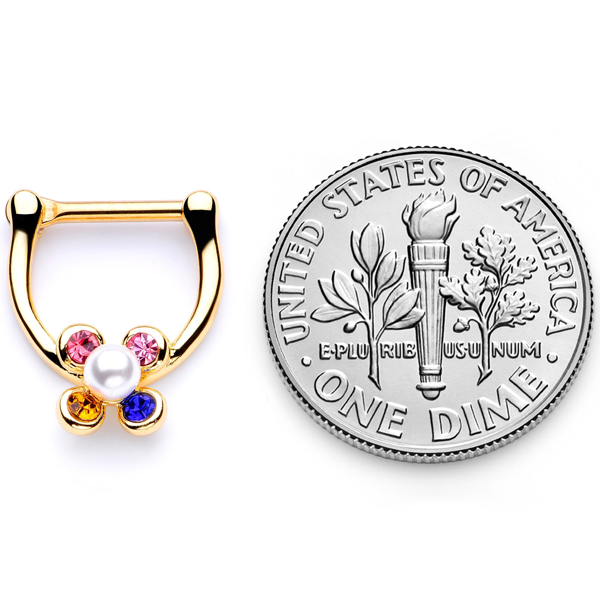 16G 1/4 Pink Blue Gem Gold Tone Cartilage Clicker