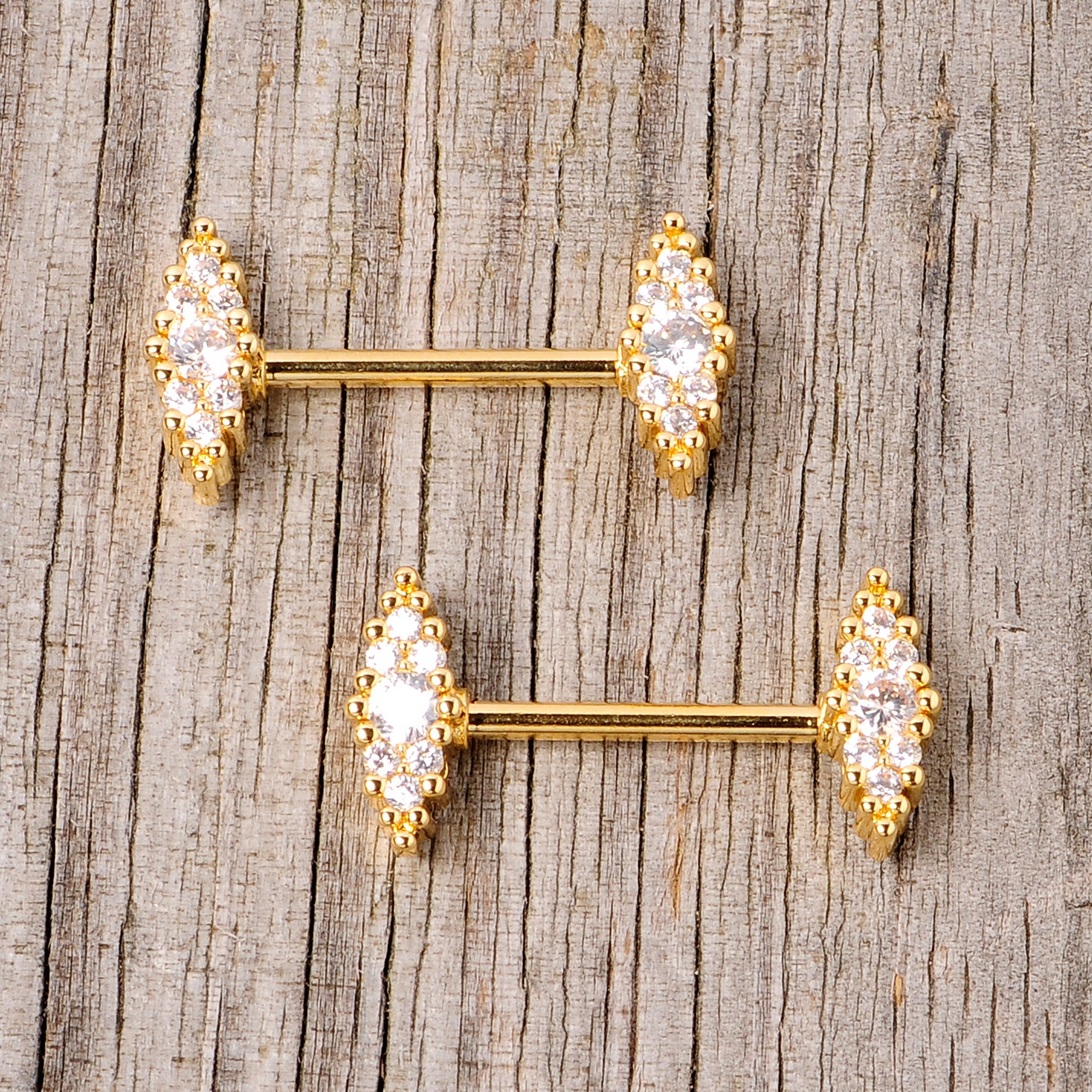 14G 9/16 Clear CZ Gem Gold Tone Texture Barbell Nipple Ring Set
