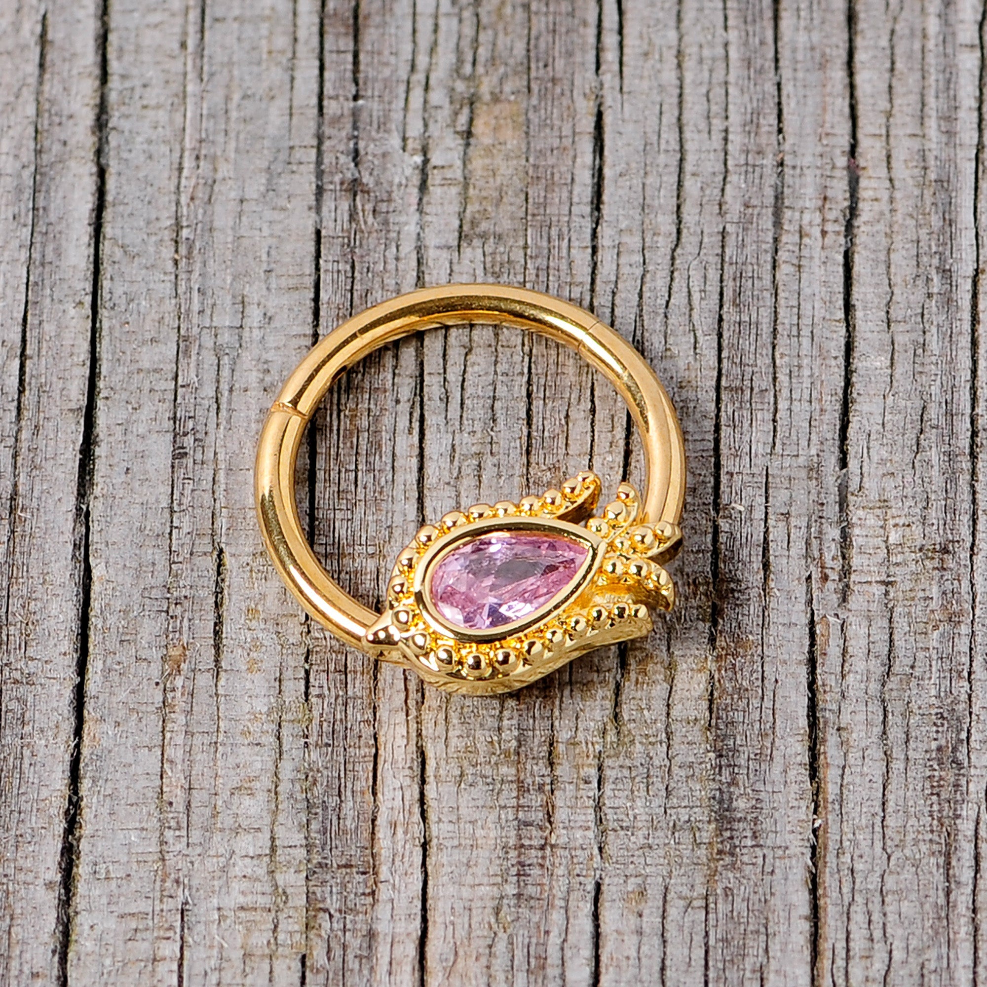 16G 3/8 Pink Gem Gold Tone Tulip Flower Hinged Segment Ring