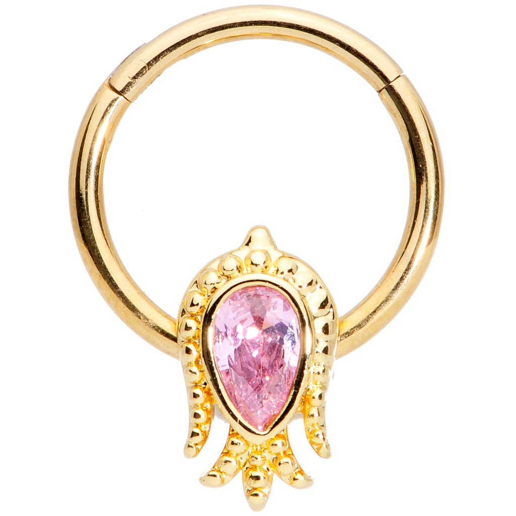 16G 3/8 Pink Gem Gold Tone Sideways Tulip Flower Hinged Segment Ring