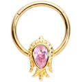 16G 3/8 Pink Gem Gold Tone Sideways Tulip Flower Hinged Segment Ring