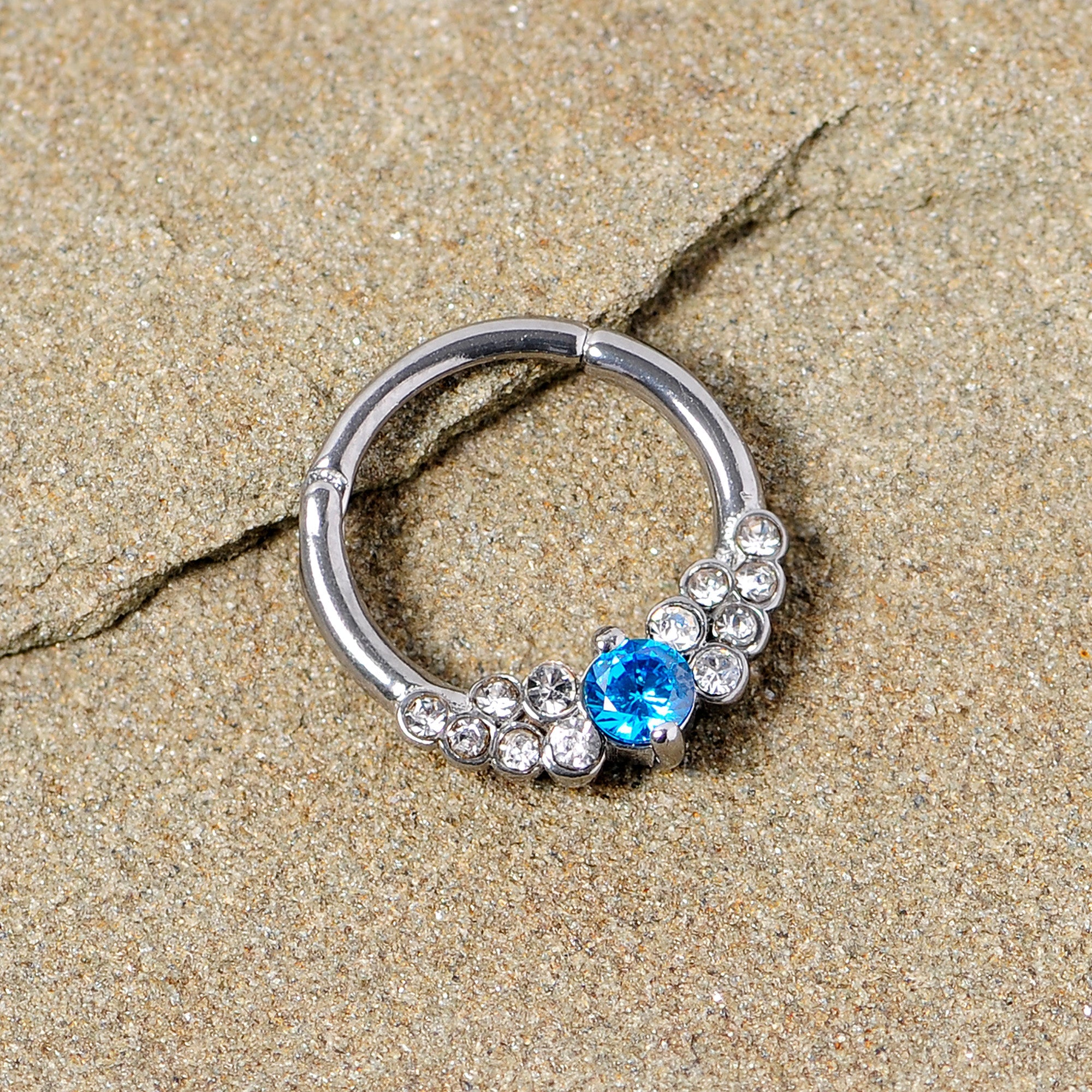 16G 3/8 Clear Blue CZ Gem Arc Hinged Segment Ring