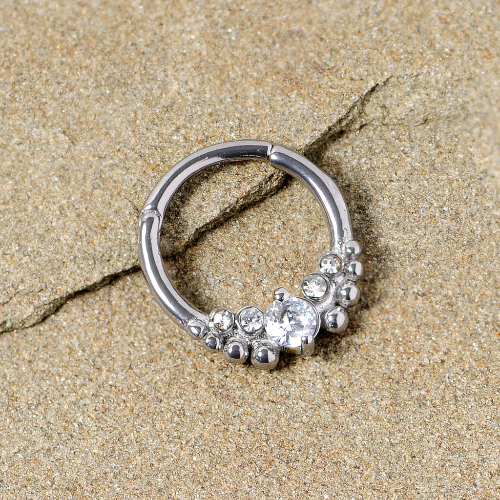 16G 3/8 Clear CZ Gem Classy Circles Hinged Segment Ring