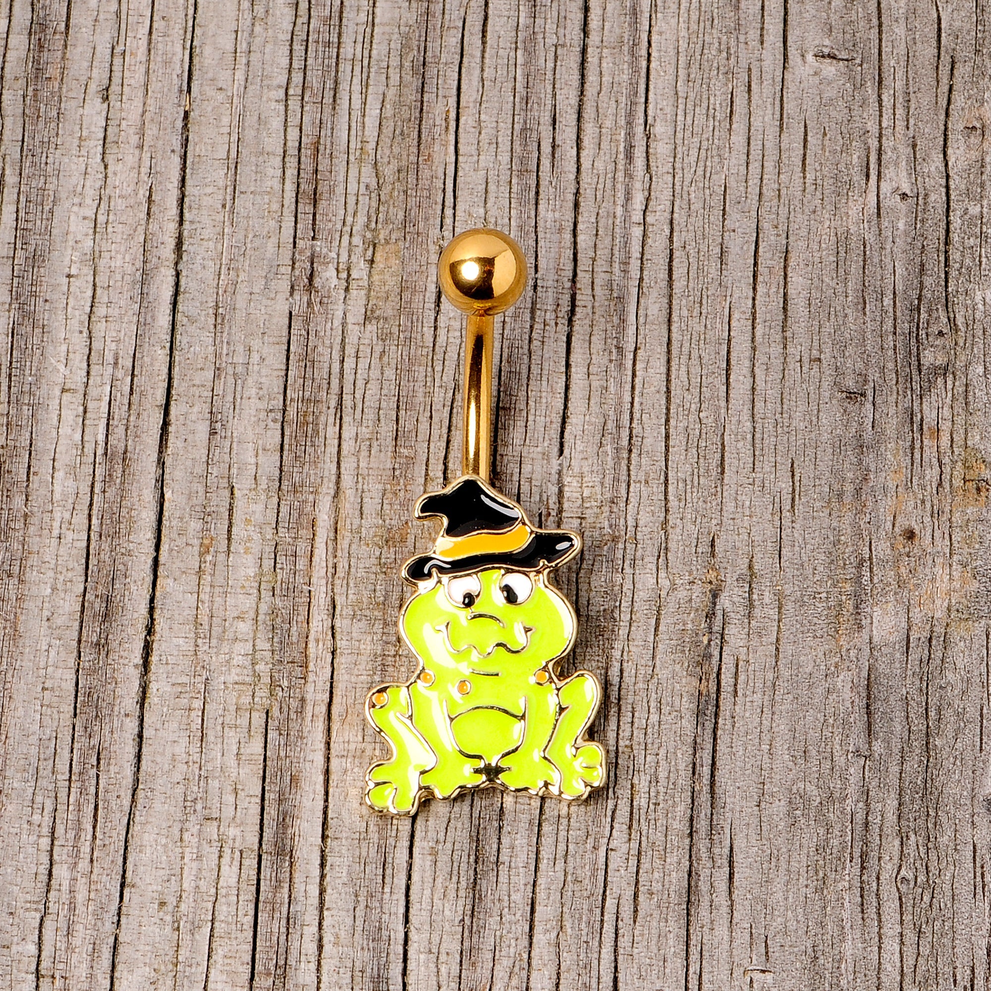 Gold Tone Ghastly Green Frog Witch Hat Halloween Belly Ring