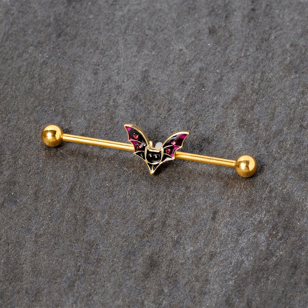 14G Pink Gem Gold Tone Vamp Bat Halloween Industrial Barbell 38mm
