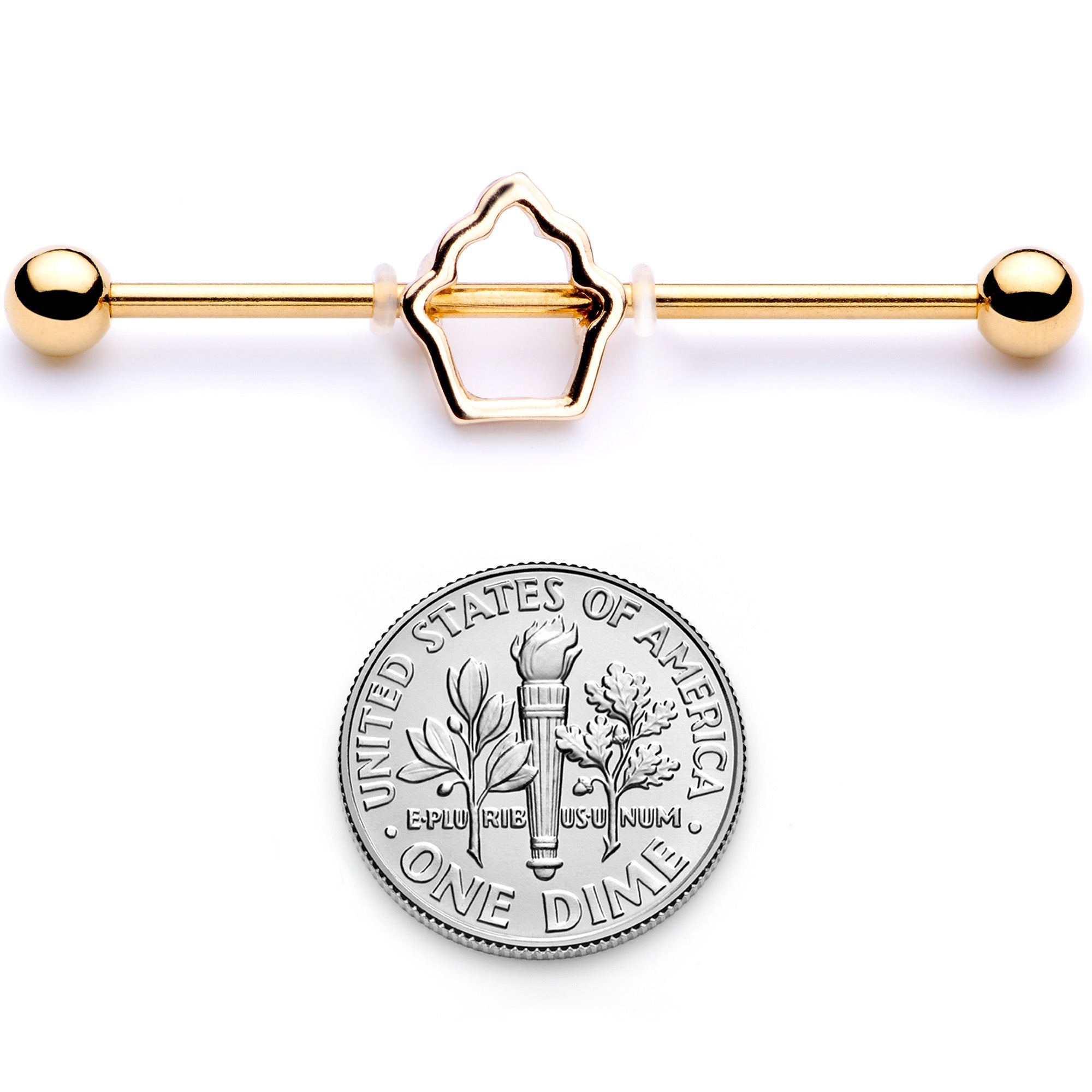14G Gold Tone Hollow Cupcake Industrial Barbell 38mm