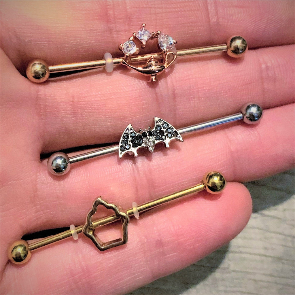 14G Clear Black Gem Bat Halloween Industrial Barbell 38mm