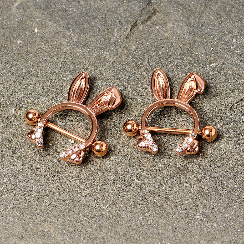 14G 9/16 Clear Gem Rose Gold Tone Bunny Ear Headphones Nipple Shield Set