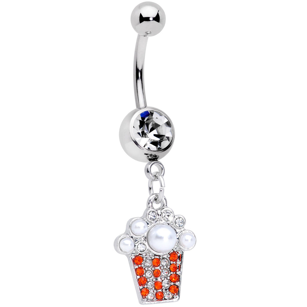 Clear Red Gem White Orb Movie Night Popcorn Dangle Belly Ring