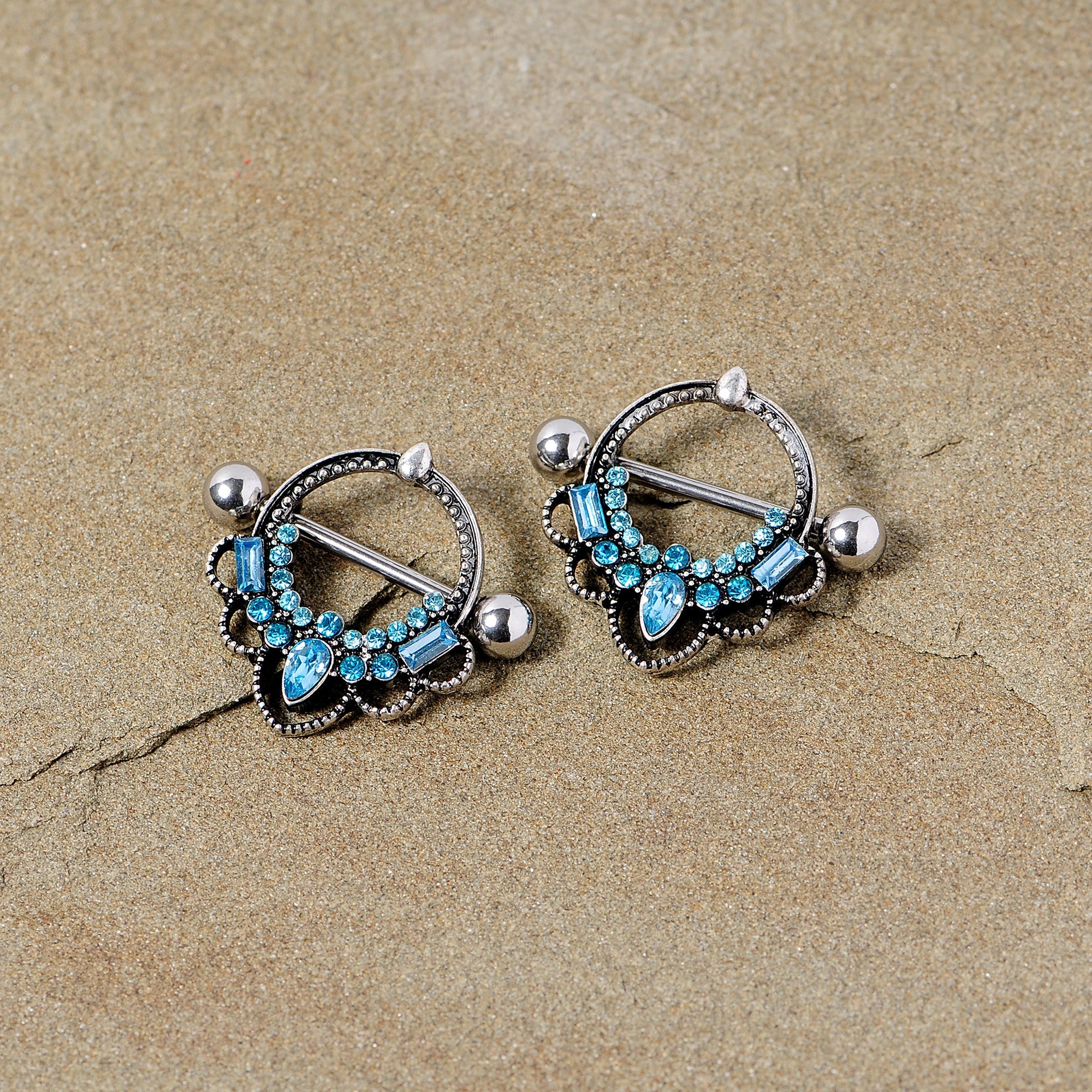 14G 5/8 Aqua Gem Filigree Nipple Shield Set