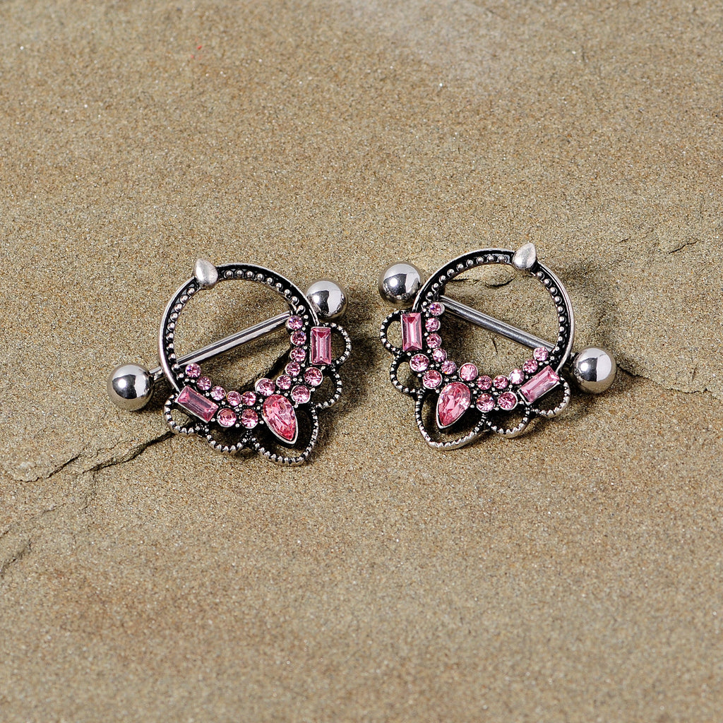 14G 5/8 Pink Gem Filigree Nipple Shield Set