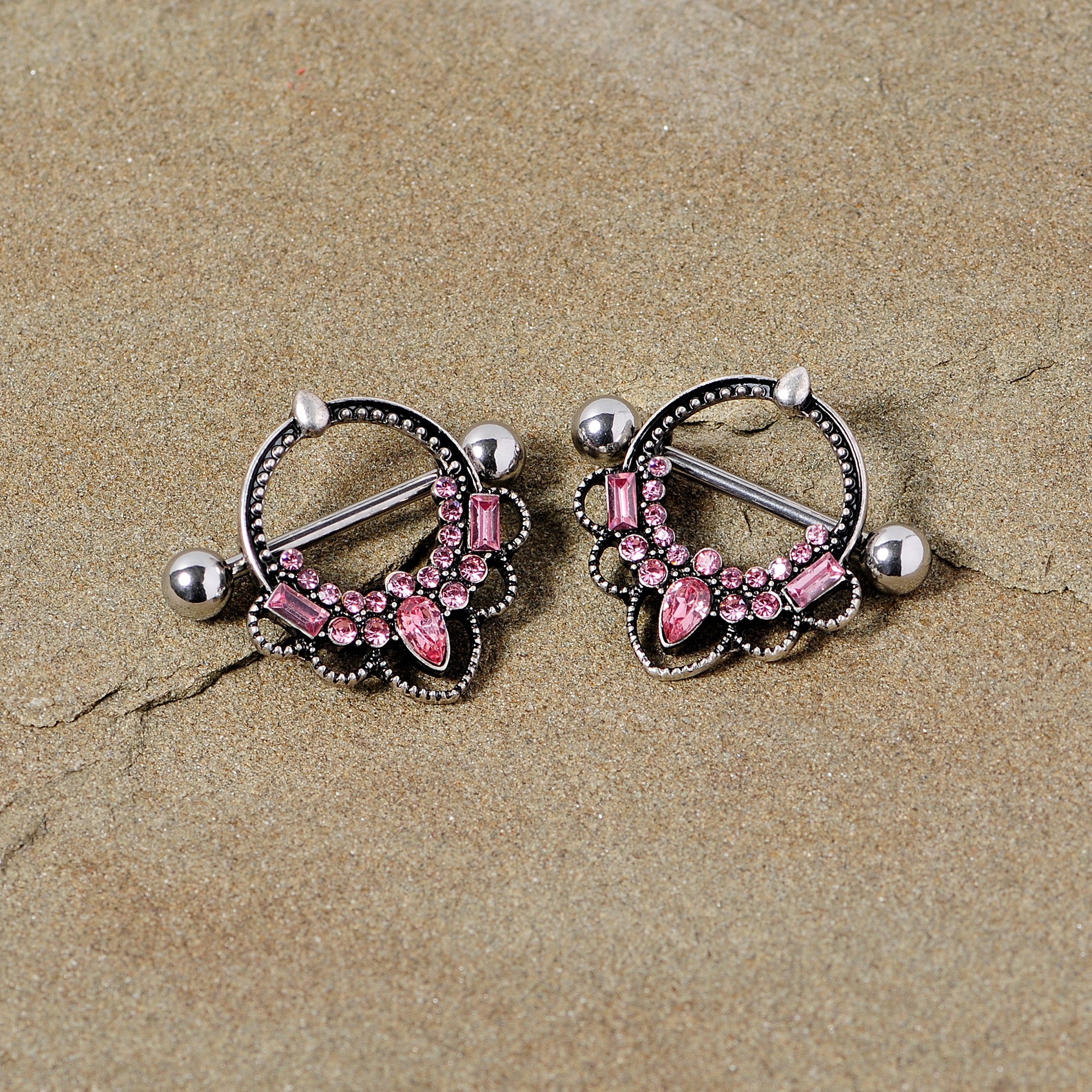 14G 5/8 Pink Gem Filigree Nipple Shield Set