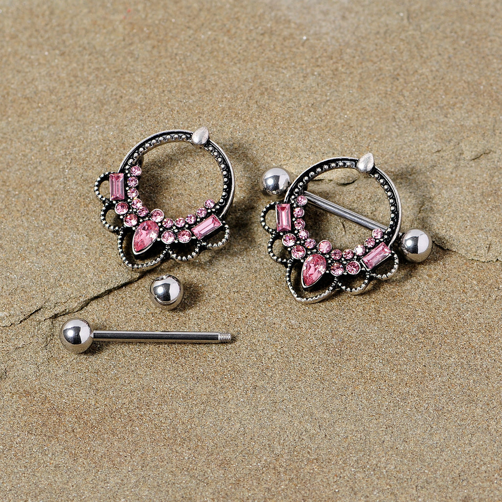14G 5/8 Pink Gem Filigree Nipple Shield Set