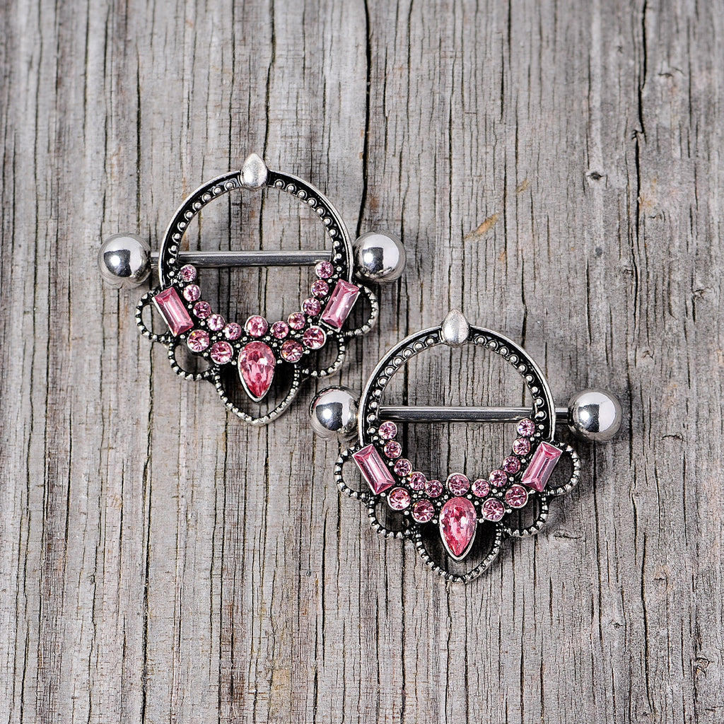 14G 5/8 Pink Gem Filigree Nipple Shield Set