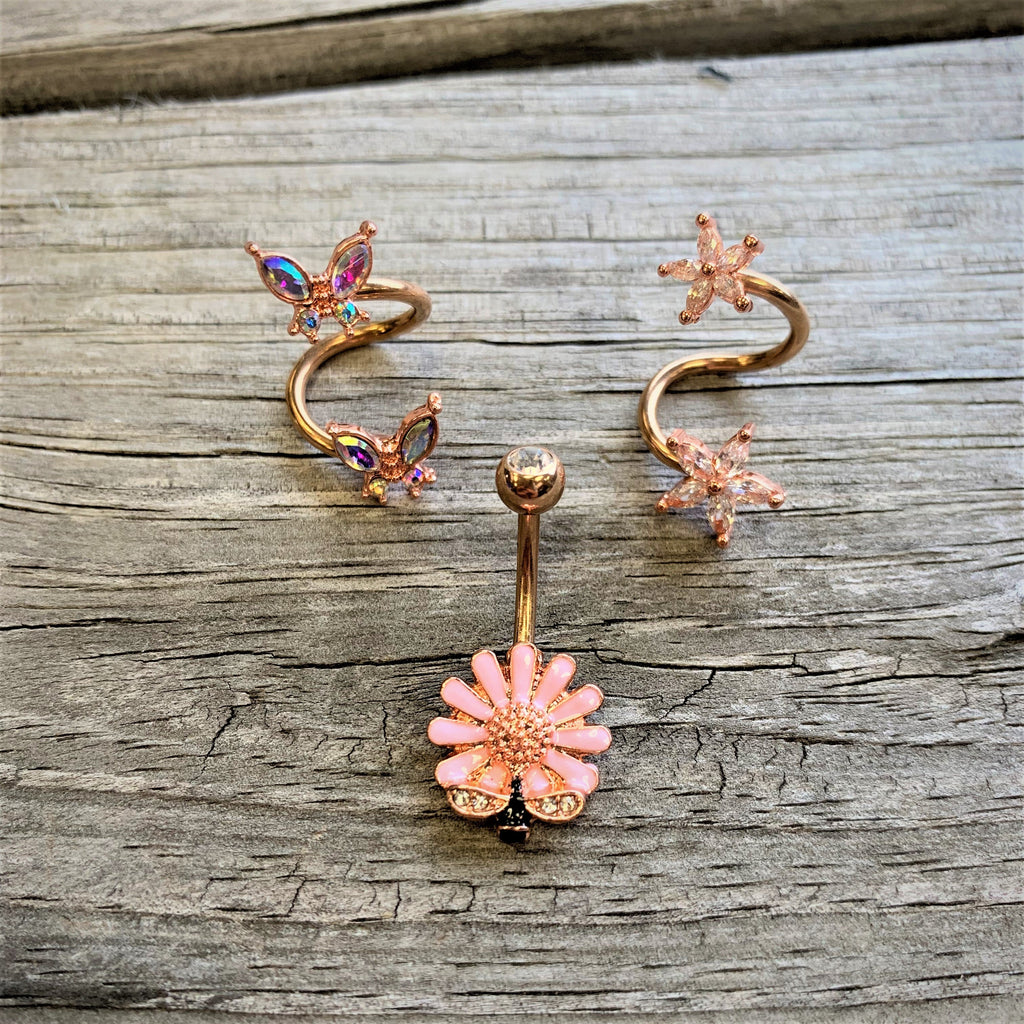 14G Clear Gem Rose Gold Hue Star Flower Spiral Twister Belly Ring