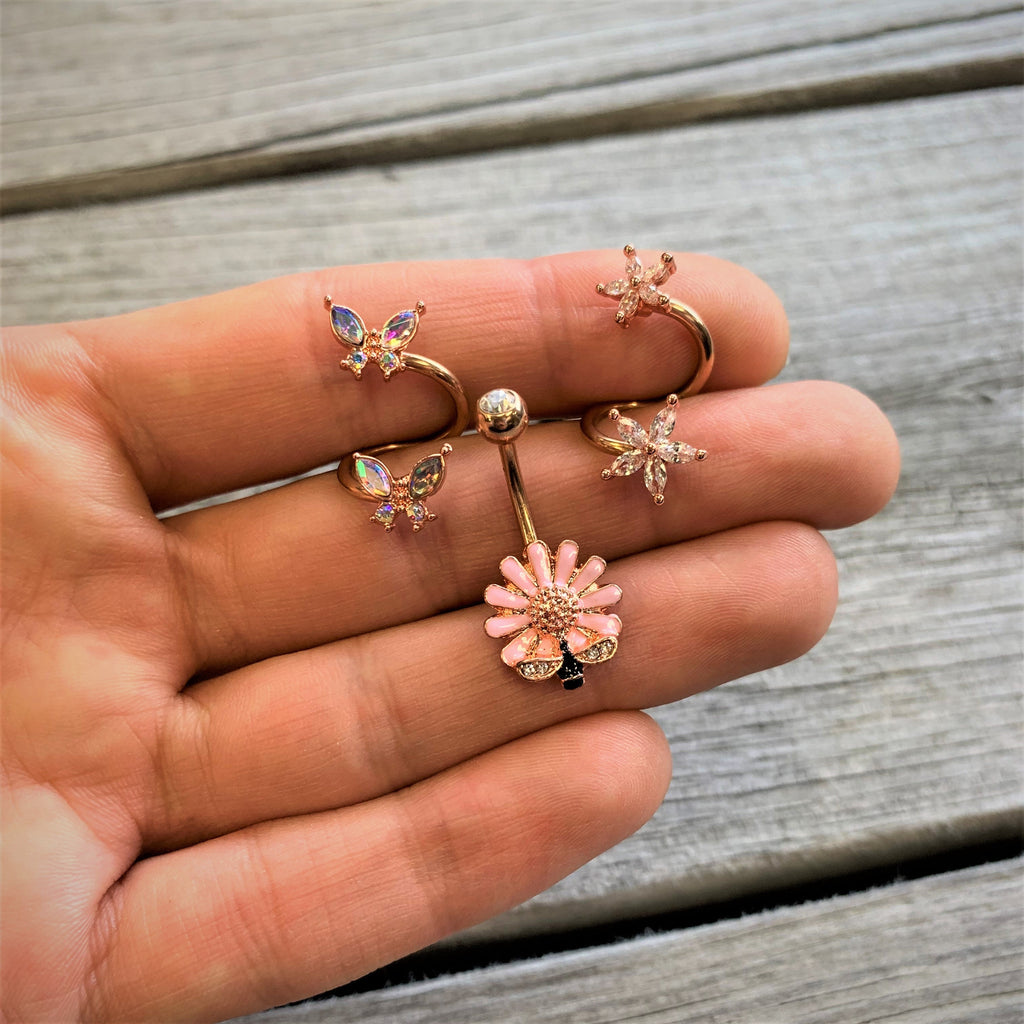 14G Clear Gem Rose Gold Hue Star Flower Spiral Twister Belly Ring