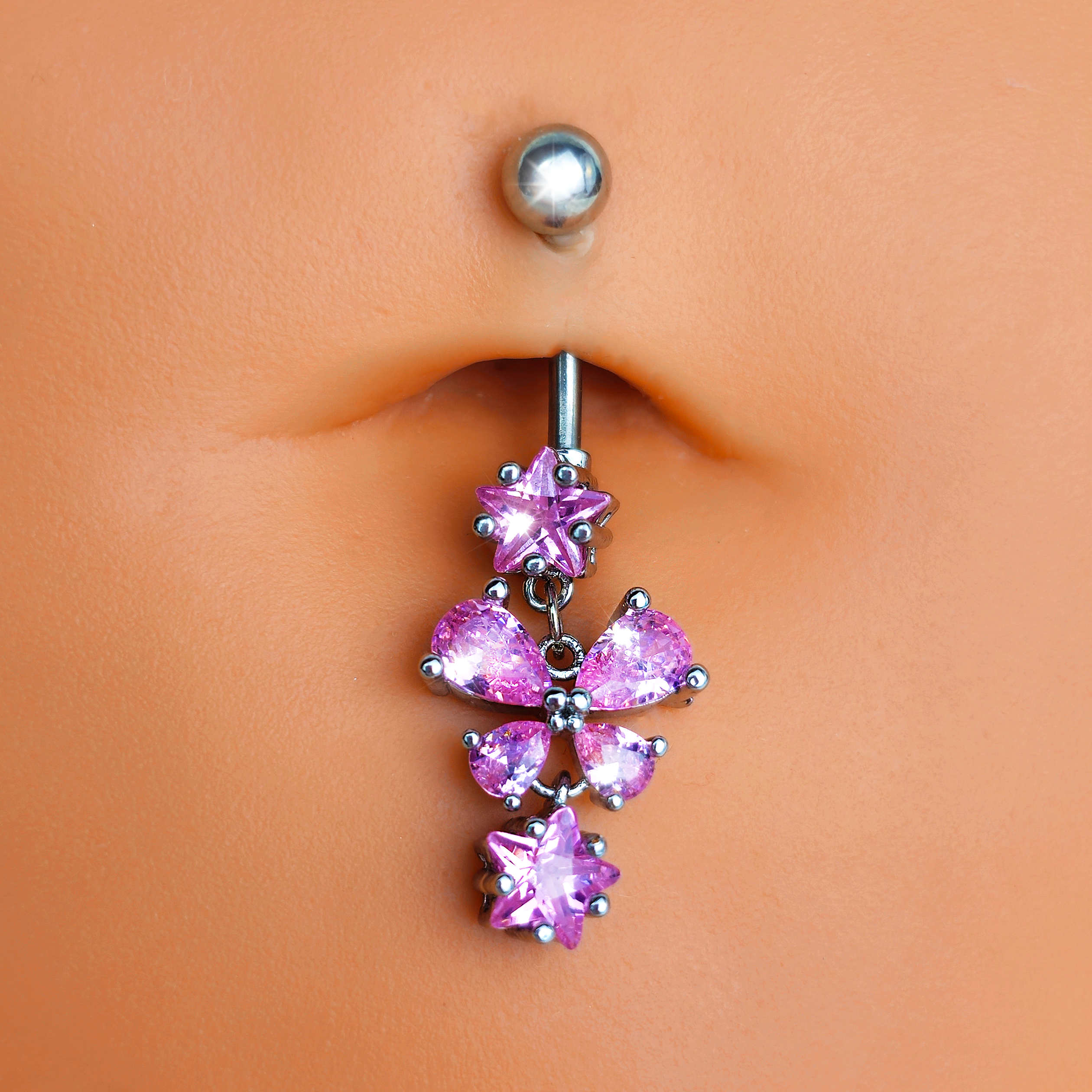 Pink Gem Star Bow Dangle Belly Ring