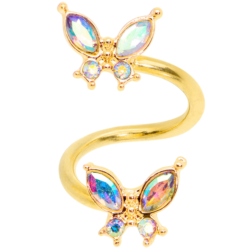 14G 3/8 Aurora Gem Gold Tone Butterfly Spiral Twister Belly Ring