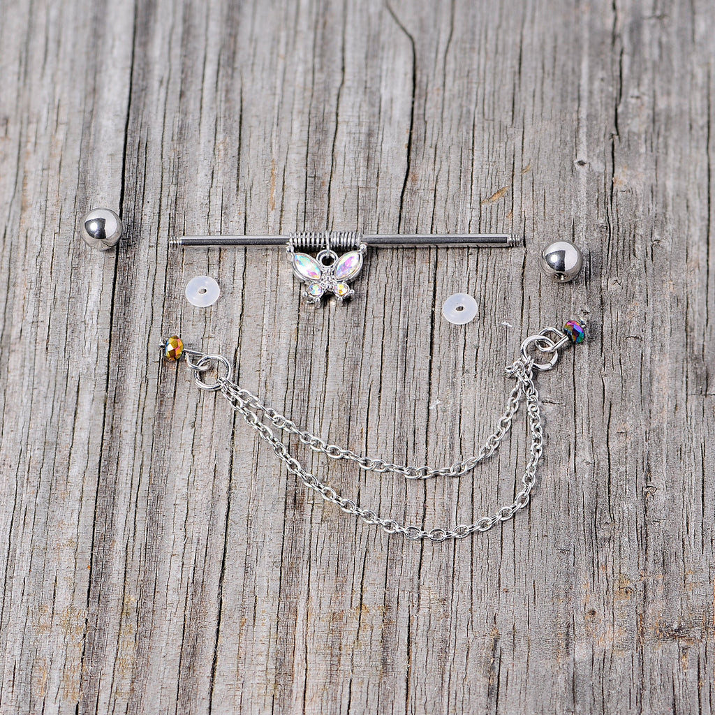 14G Aurora Gem Butterfly Chain Dangle Project Bar 38mm