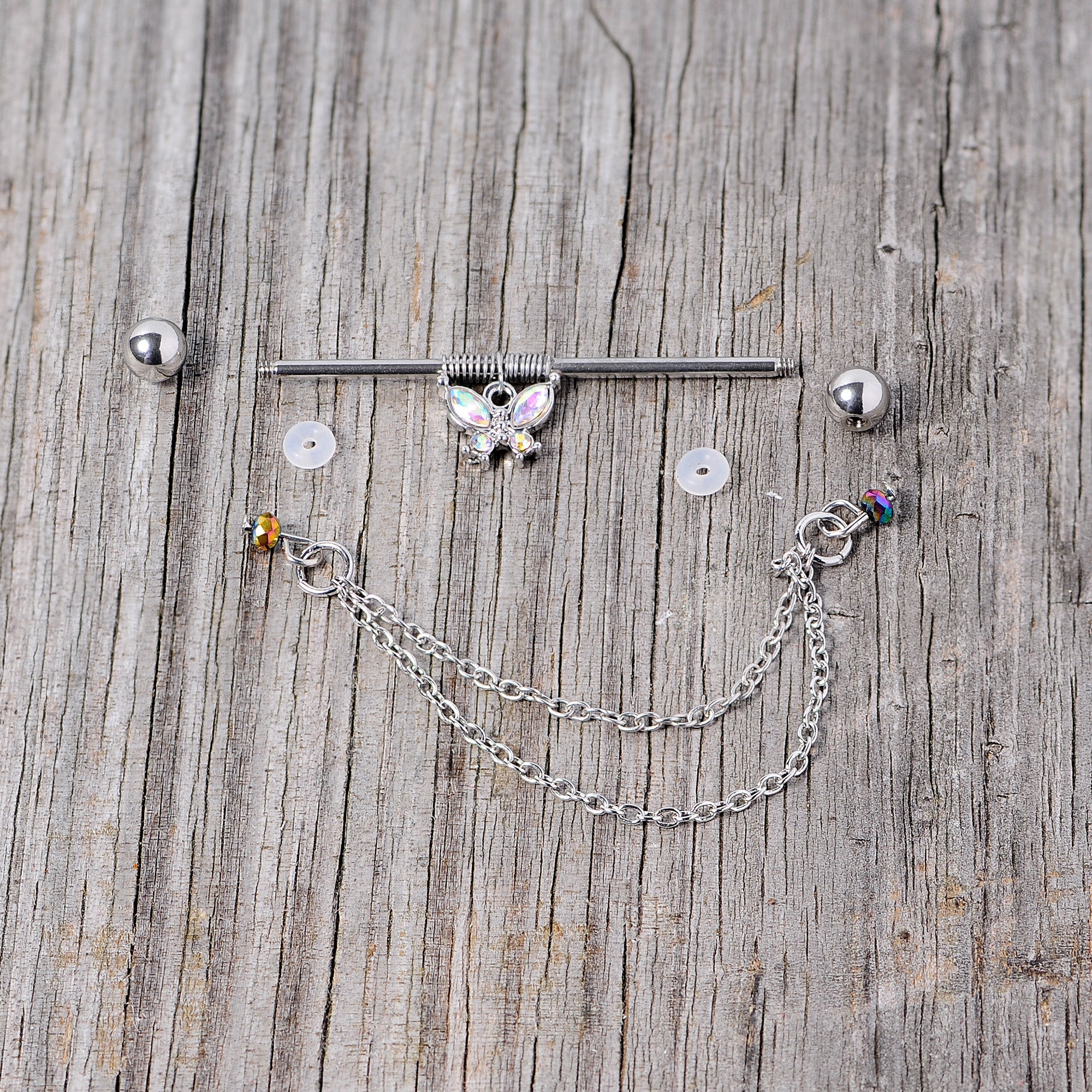 14G Aurora Gem Butterfly Chain Dangle Project Bar 38mm