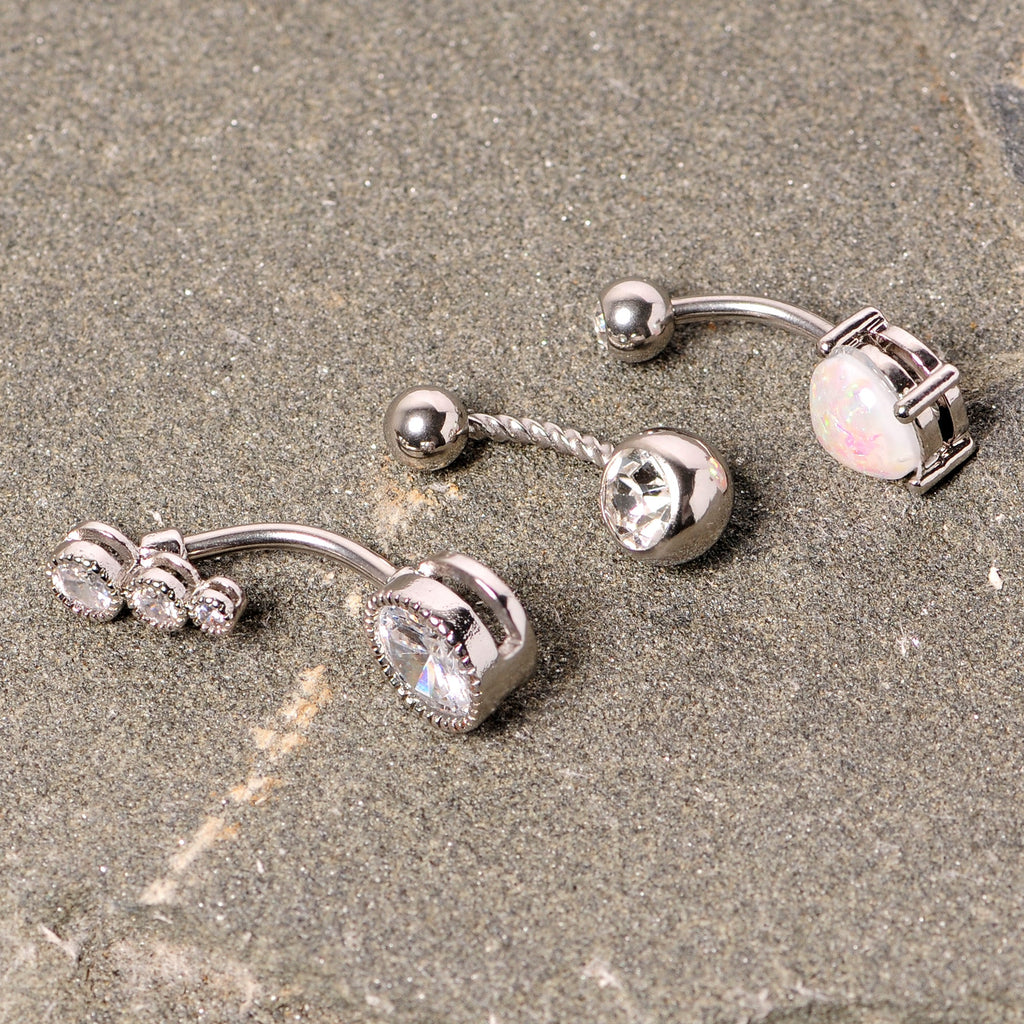 Clear Gem White Faux Opal Twisted Belly Ring Set of 3