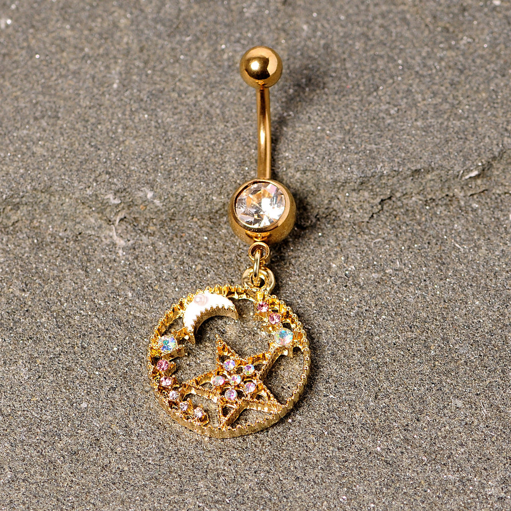 Clear Aurora Gem Gold Tone Circle Star Moon Dangle Belly Ring
