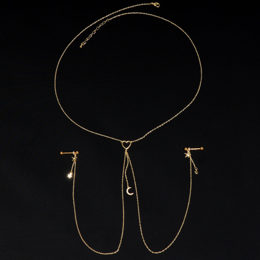 14G 5/8 Clear Gem Gold Tone Heart Star Nipple Chain Necklace