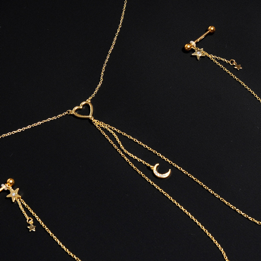 14G 5/8 Clear Gem Gold Tone Heart Star Nipple Chain Necklace
