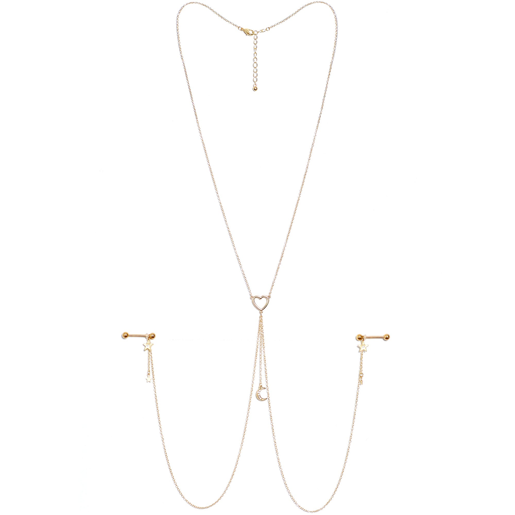14G 5/8 Clear Gem Gold Tone Heart Star Nipple Chain Necklace