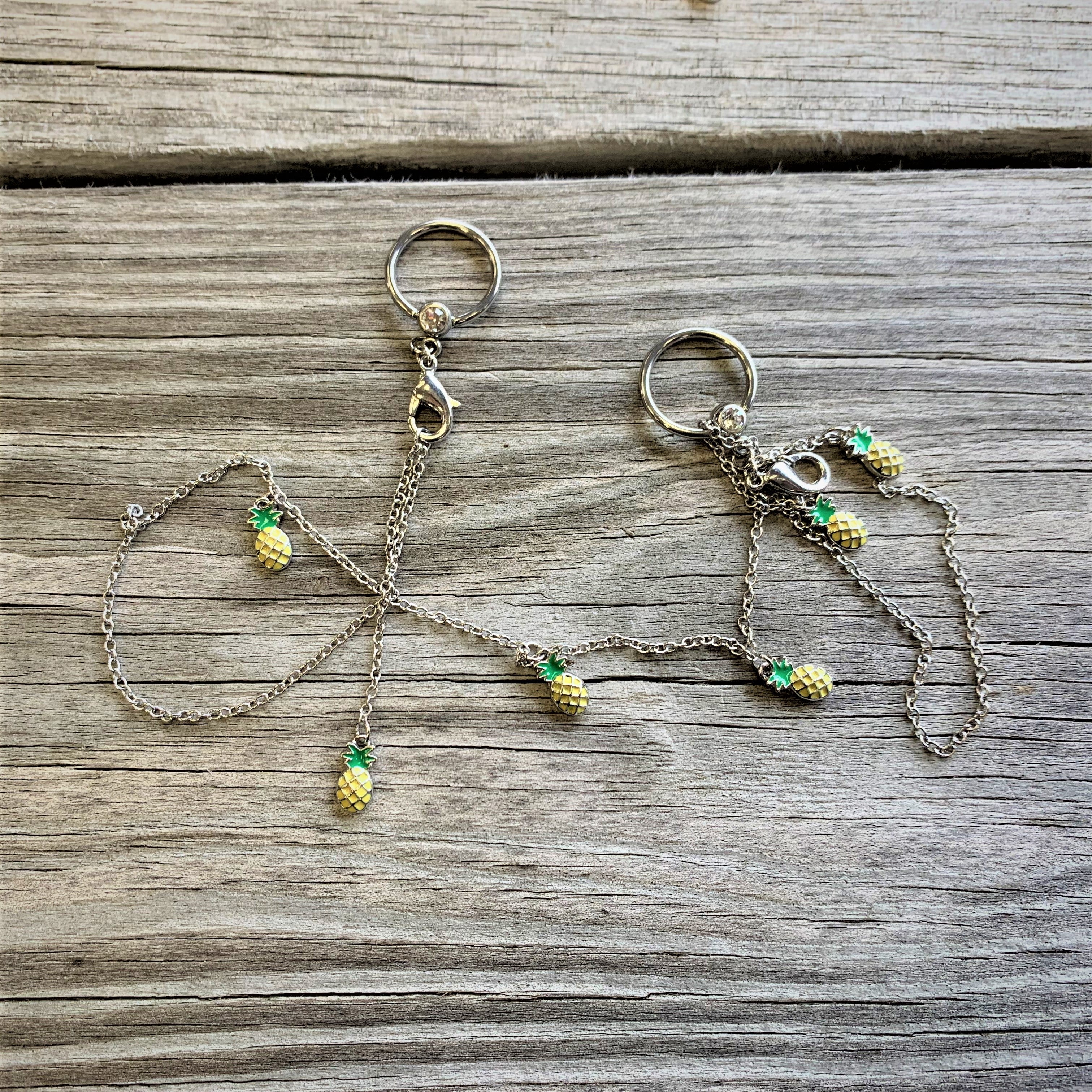 14G 9/16 Clear Gem Pineapple BCR Captive Ring Dangle Nipple Chain