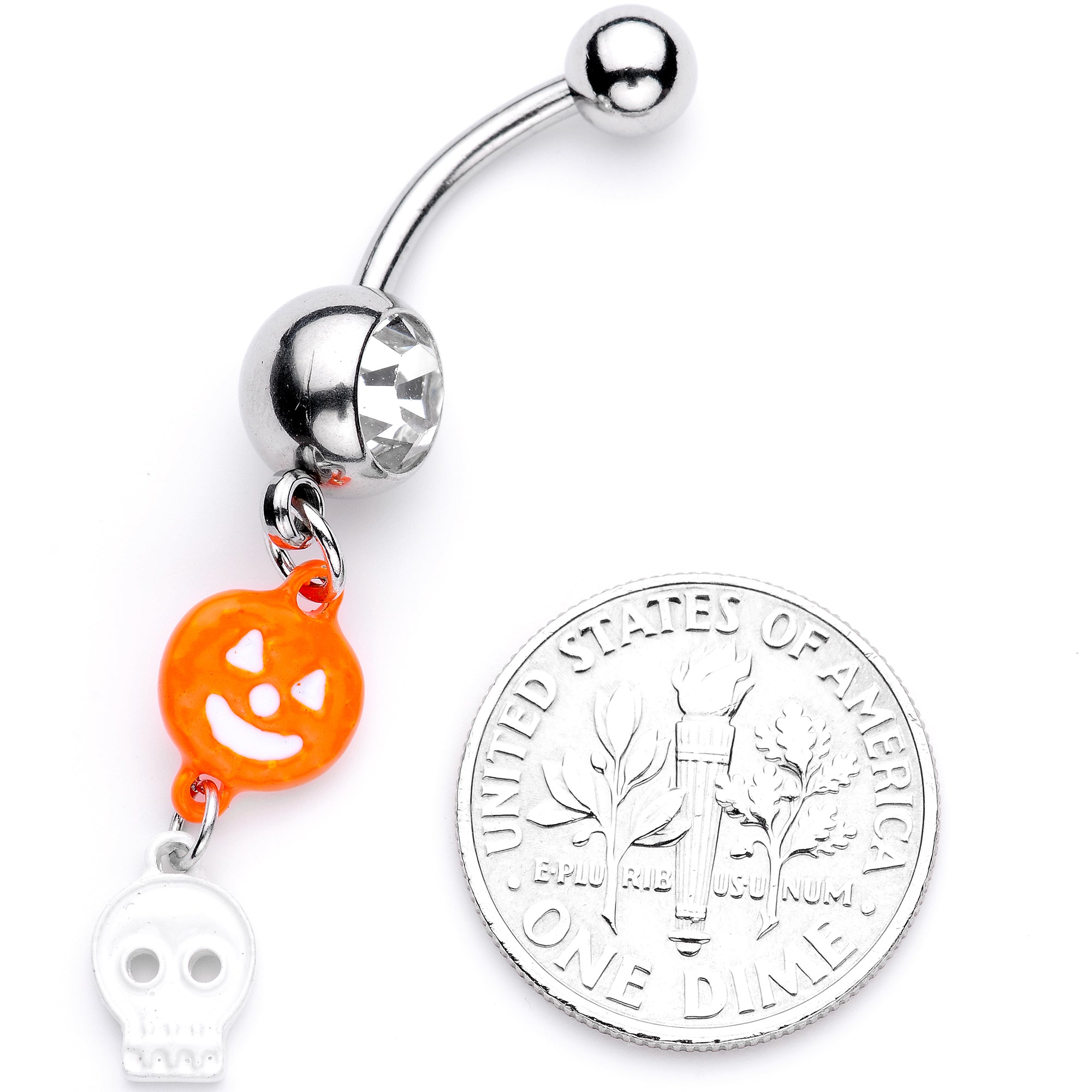 Clear Gem Orange Pumpkin Skull Halloween Dangle Belly Ring