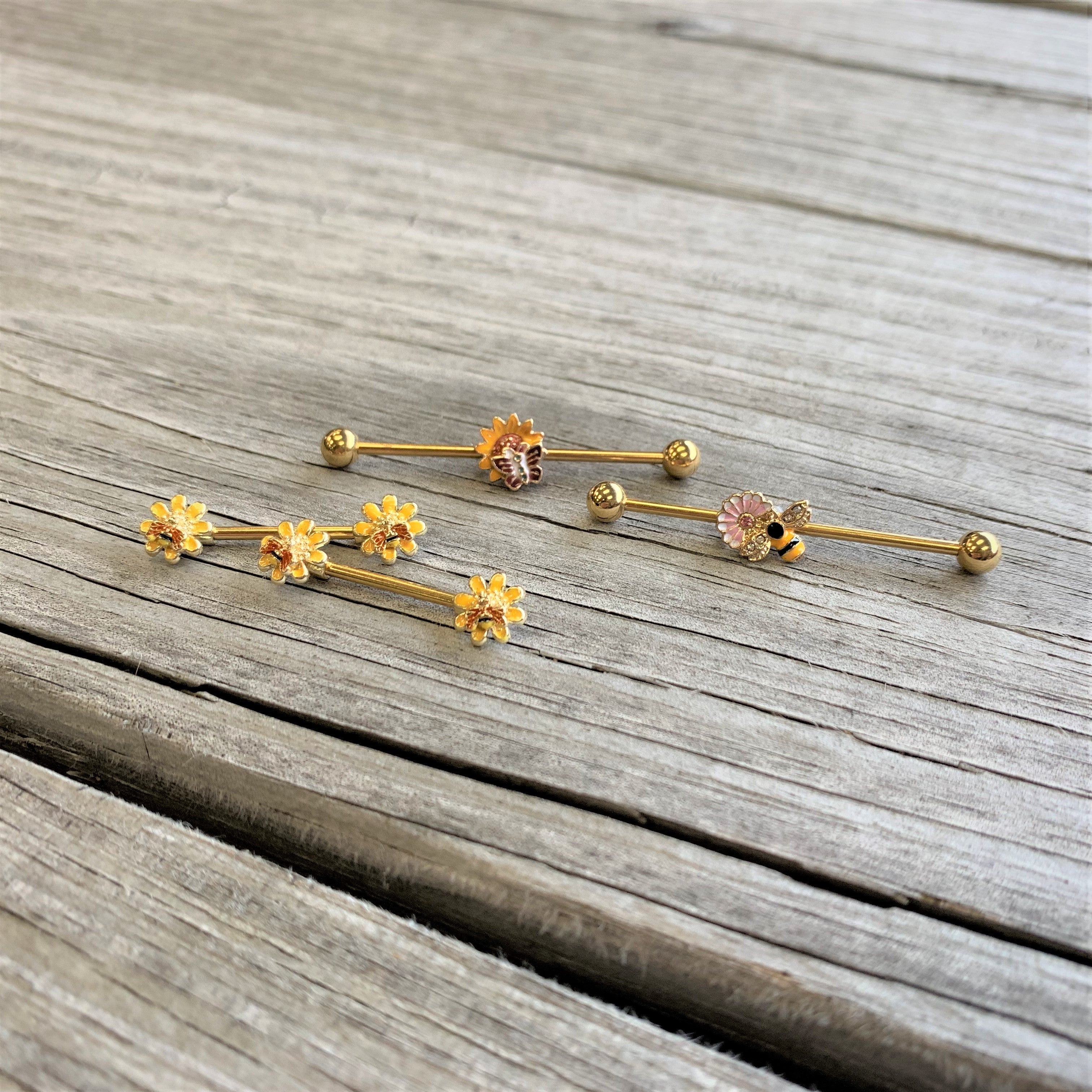 14G 9/16 Yellow Red Gold Tone Bee Flower Barbell Nipple Ring Set