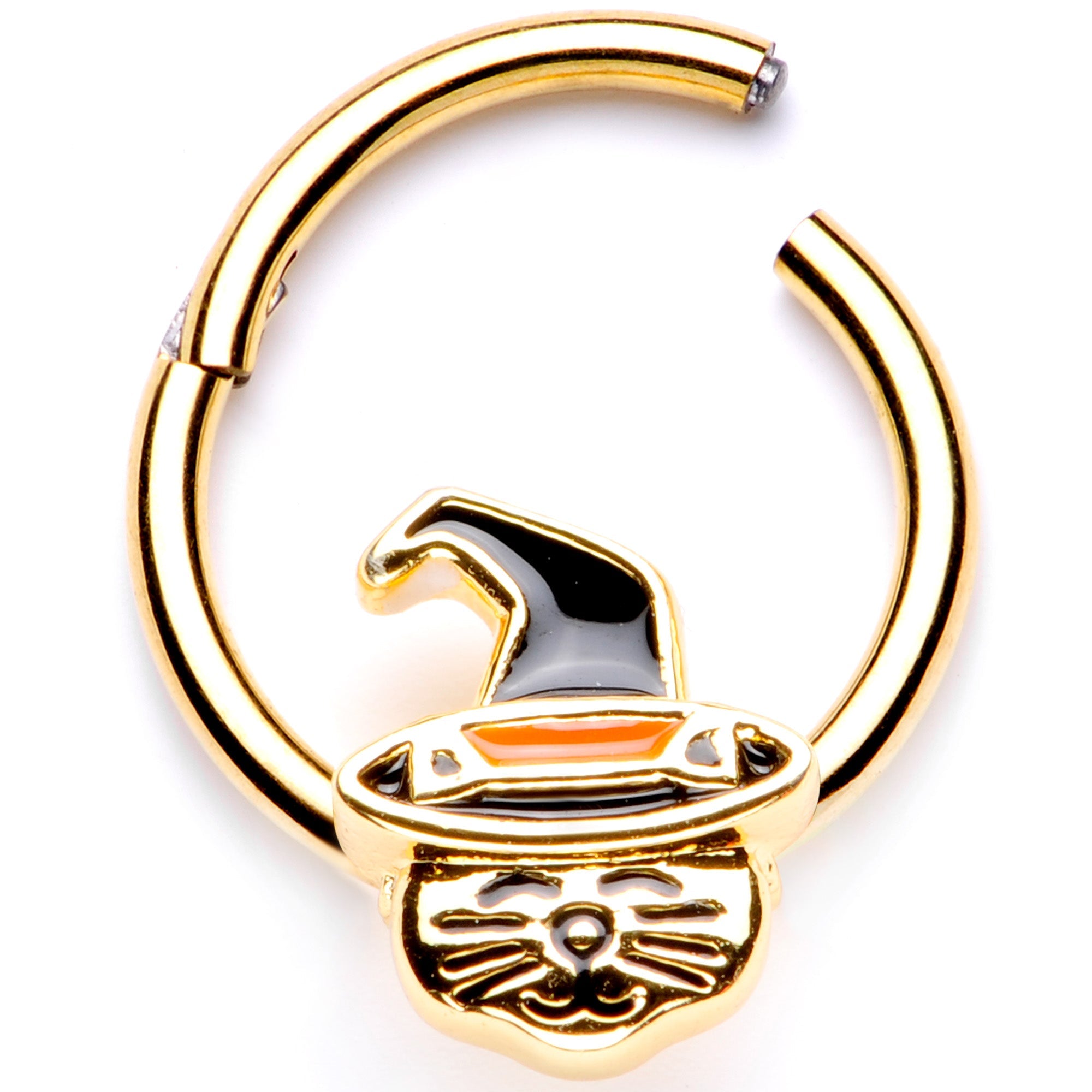 16G 3/8 Gold Tone Witch Hat Cat Halloween Hinged Segment Ring