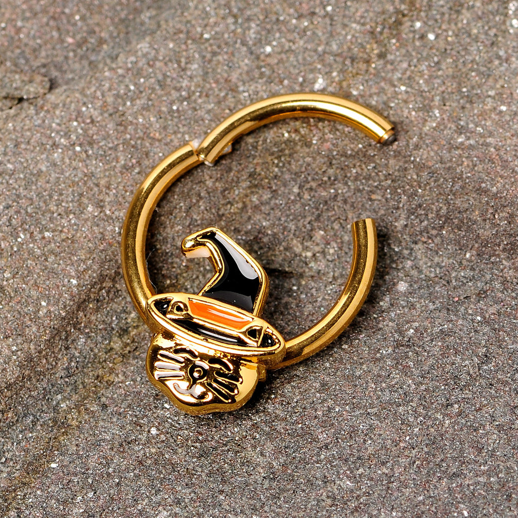 16G 3/8 Gold Tone Witch Hat Cat Halloween Hinged Segment Ring