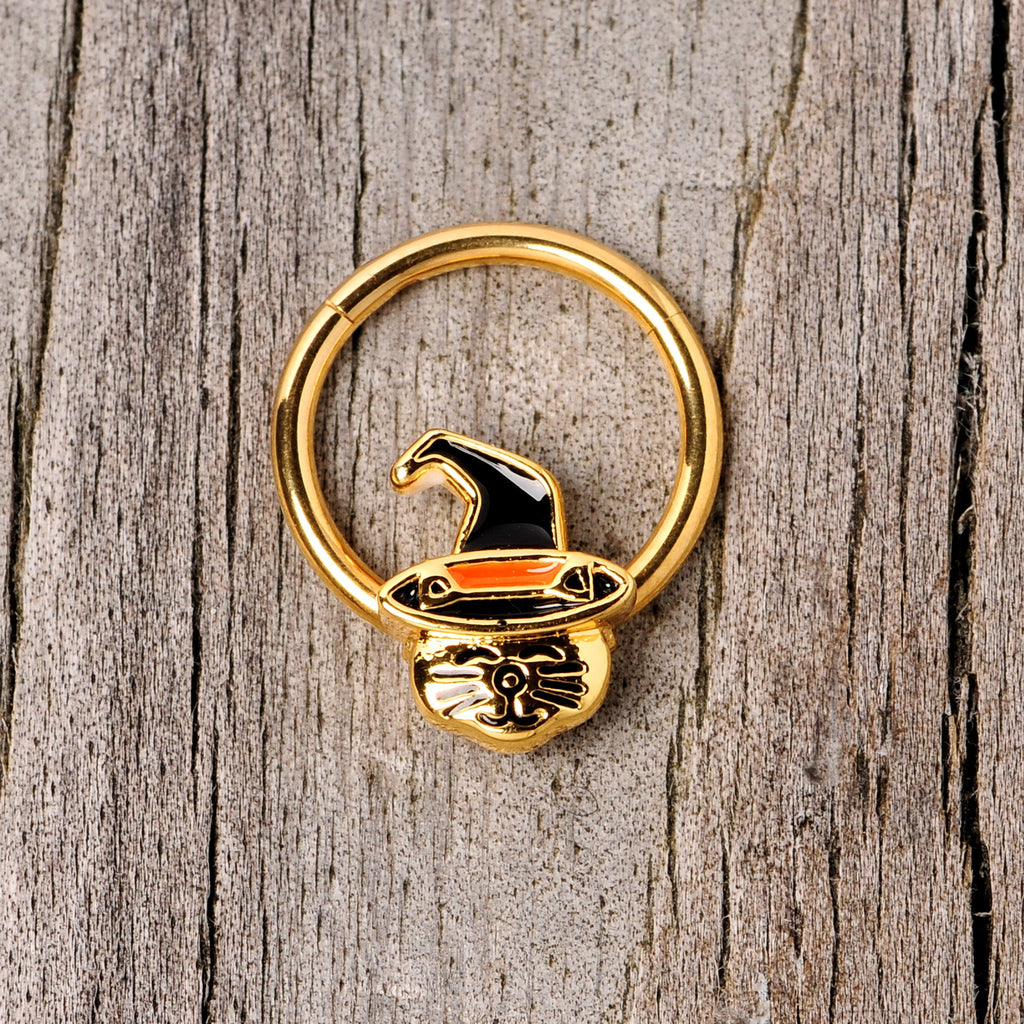 16G 3/8 Gold Tone Witch Hat Cat Halloween Hinged Segment Ring