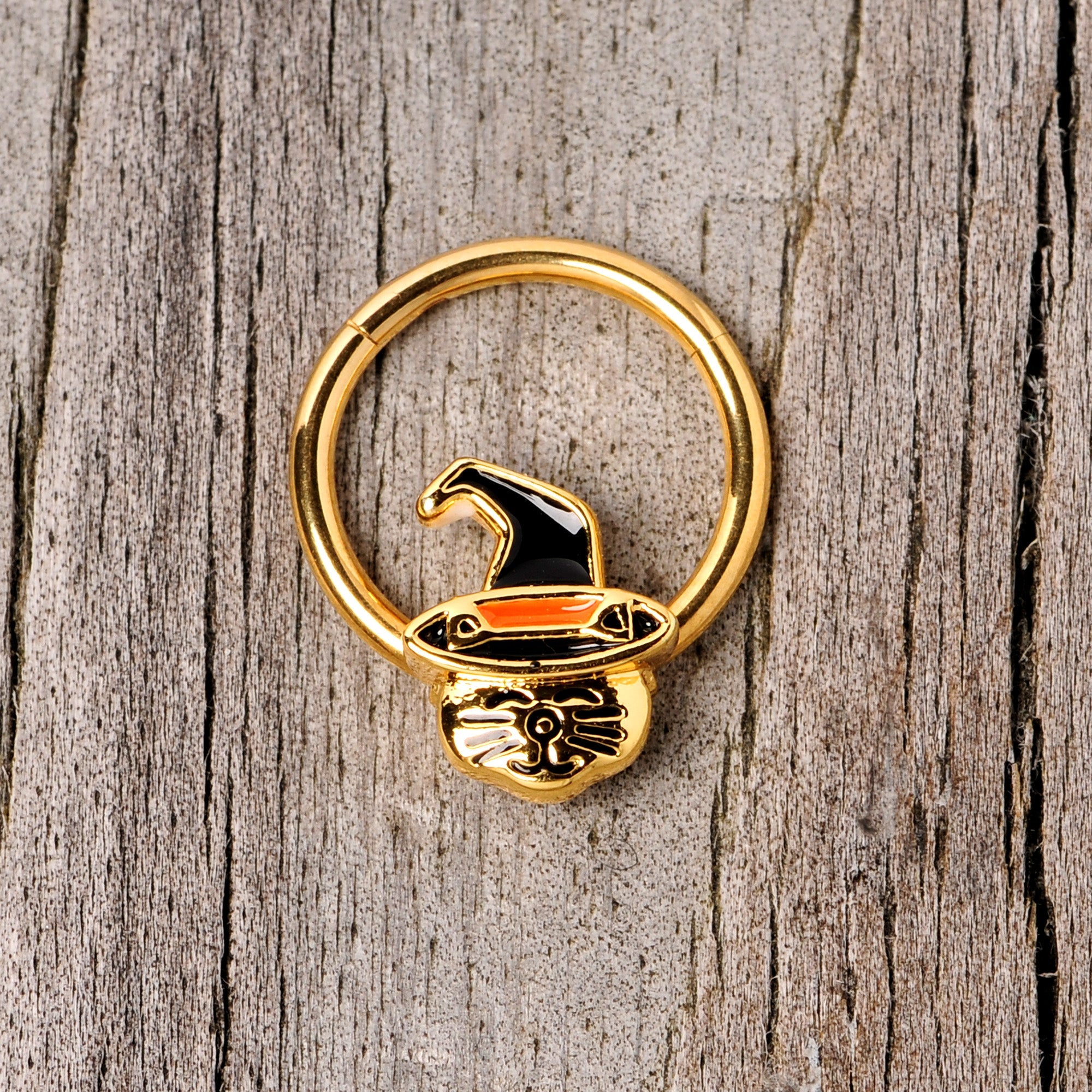 16G 3/8 Gold Tone Witch Hat Cat Halloween Hinged Segment Ring