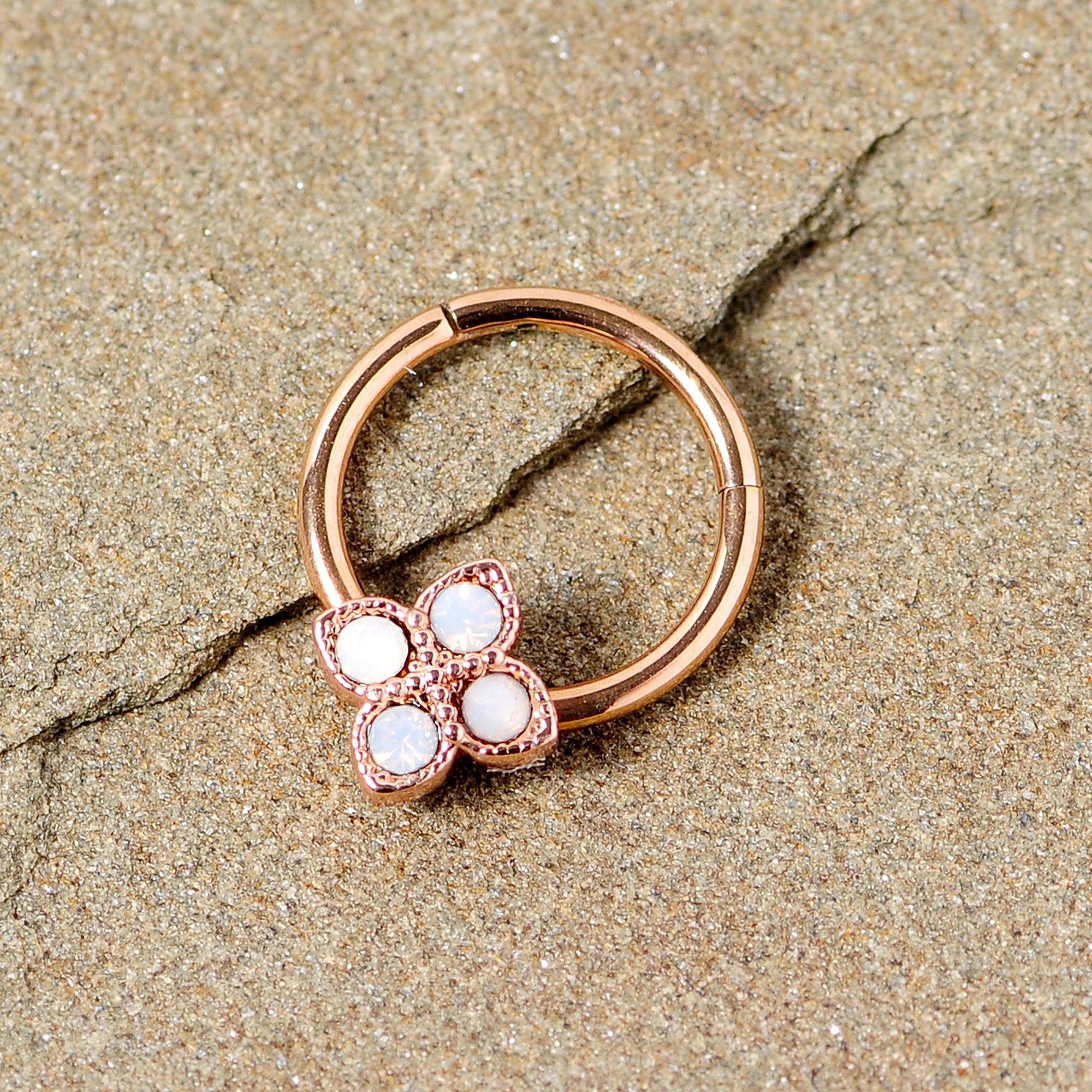 16G 3/8 White Faux Opal Rose Gold Tone Regal Hinged Segment Ring