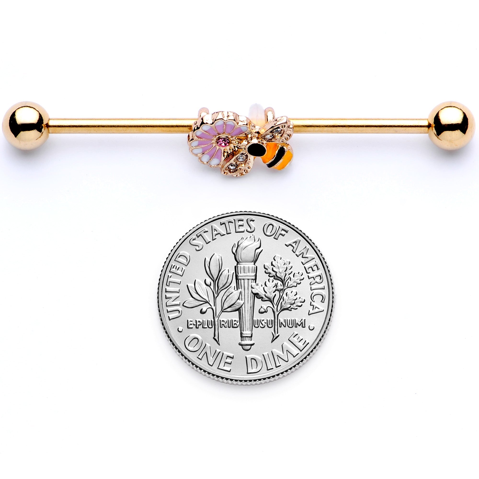 14G Pink Clear Gem Gold Tone Bee Blossom Industrial Barbell 38mm