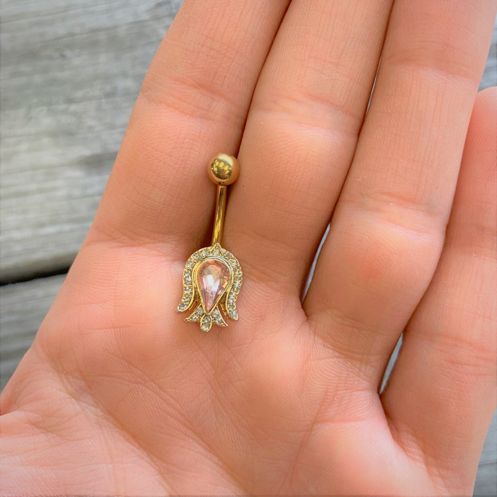 Pink Gem Gold Tone Plated Tulip Flower Belly Ring