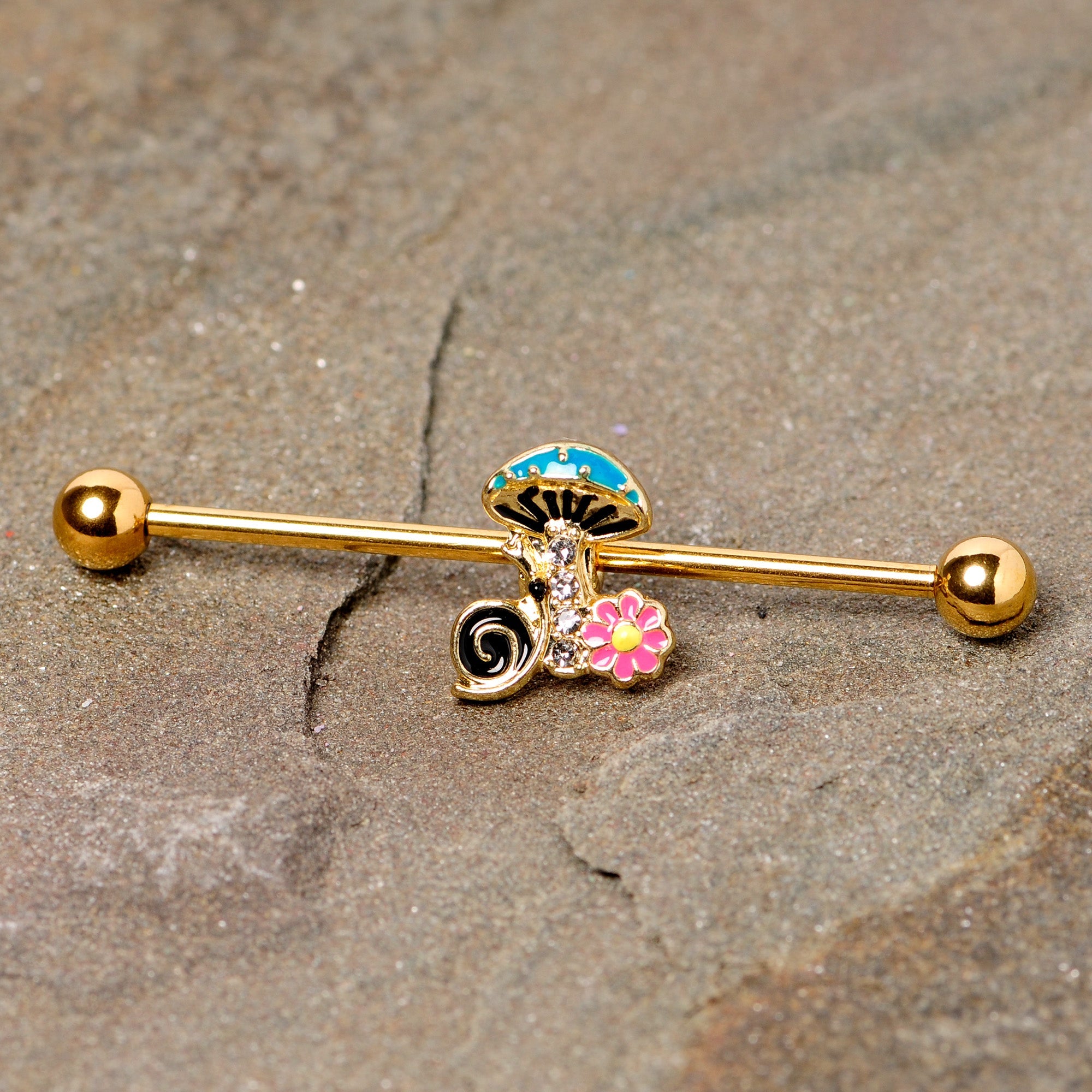 14G Gold Tone Snail Flower Magic Mushroom Industrial Barbell 38mm