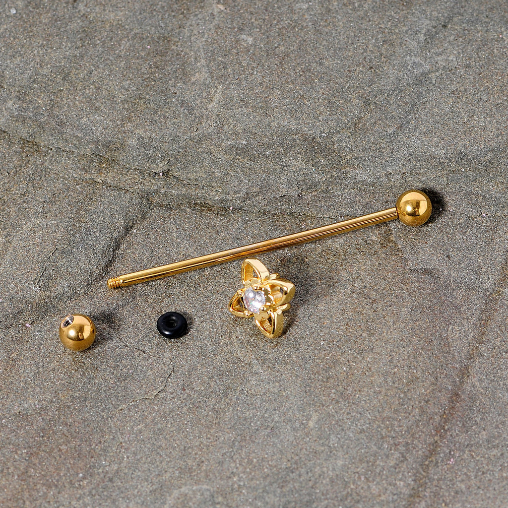 14G Clear CZ Gem Gold Tone Open Flower Industrial Barbell 38mm