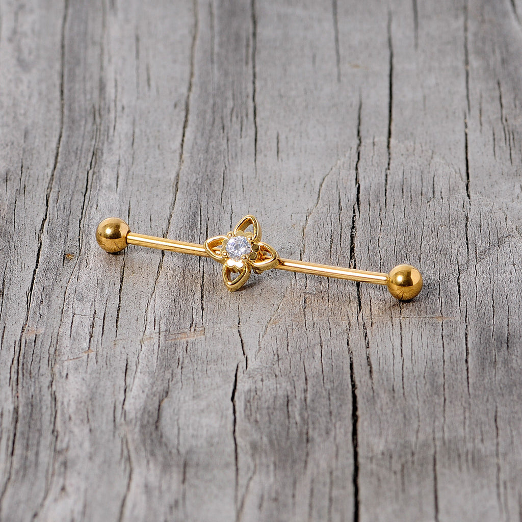 14G Clear CZ Gem Gold Tone Open Flower Industrial Barbell 38mm