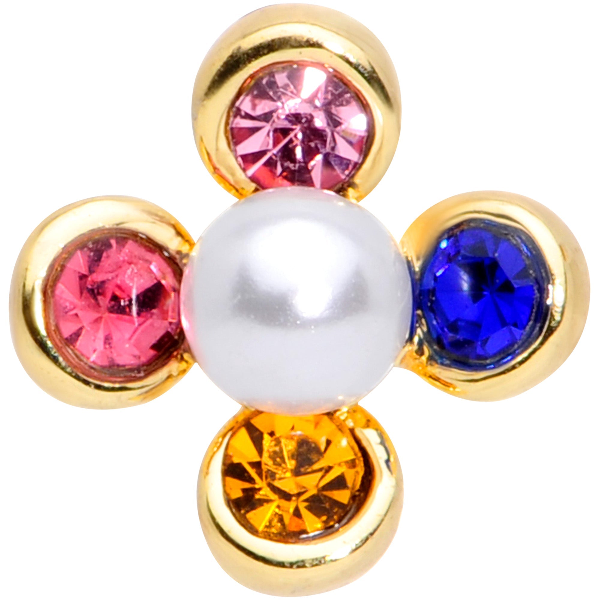 16G 5/16 Pink Blue Gem Gold Tone Flower Labret Monroe Tragus